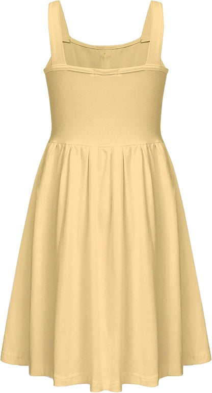 Girls Dresses Short Sleeve Solid Color Skater Casual Twirly Dress with Pockets Light Yellow 4-5 T