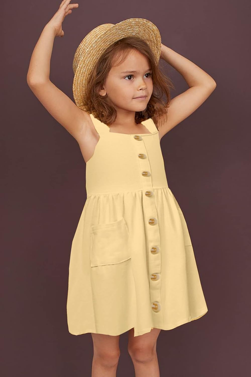 Girls Dresses Short Sleeve Solid Color Skater Casual Twirly Dress with Pockets Light Yellow 4-5 T