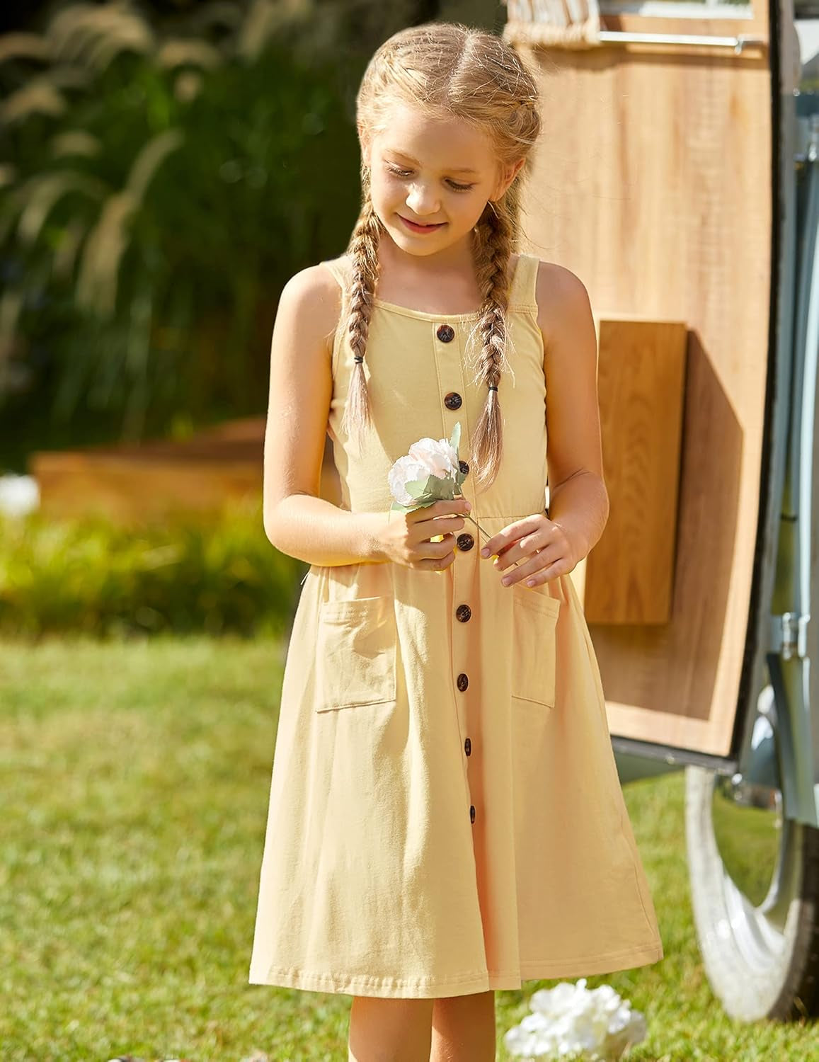 Girls Dresses Short Sleeve Solid Color Skater Casual Twirly Dress with Pockets Light Yellow 4-5 T