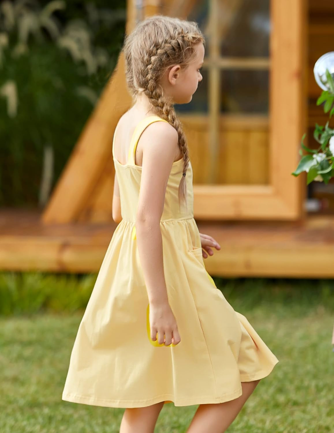 Girls Dresses Short Sleeve Solid Color Skater Casual Twirly Dress with Pockets Light Yellow 4-5 T