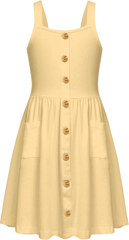 Girls Dresses Short Sleeve Solid Color Skater Casual Twirly Dress with Pockets Light Yellow 4-5 T